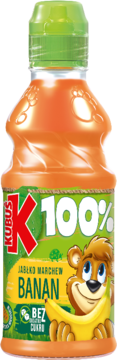 Kubuś 100% sok jabłko marchew banan, pomarańczowa butelka z misiem i zieloną nakrętką, z przodu.