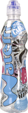 Srebrna butelka napoju Water Zero Sugar malina, z dużym falistym niebieskim napisem i kolorową grafiką.