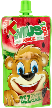 Kubuś Mus 100% jabłko, arbuz, aronia w zielonej saszetce z uśmiechniętym misiem, bez cukru.