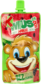 Kubuś Mus 100% jabłko, arbuz, aronia w zielonej saszetce z uśmiechniętym misiem, bez cukru.