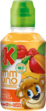Kubuś Immun uno, sok odporność mango acerola pomarańcza. Biała butelka z zieloną nakrętką, bez cukru, witaminy A, C, cynk.