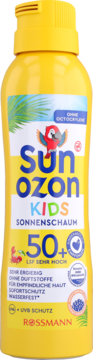 Żółta pianka przeciwsłoneczna Sunozon Kids SPF 50+ w butelce, z papugą i palmami, widok z przodu.