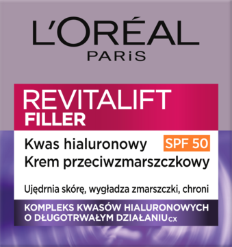 L'Oréal Revitalift Filler, krem przeciwzmarszczkowy z kwasem hialuronowym i SPF 50, opakowanie front.