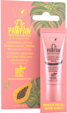 Dr. PawPaw Tinted Peach Pink Balm: różowa tuba i pudełko z ilustracjami papai, opis "98% naturalny", widok przód.