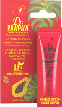 Dr. PawPaw Tinted Ultimate Red Balm w czerwonej tubce z pudełkiem, grafika papai, 98% naturalne.