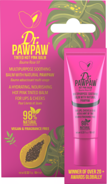 Dr. PawPaw Tinted Hot Pink Balm w różowym kartoniku i tubce, widok z przodu, z napisami o 98% naturalnym składzie.