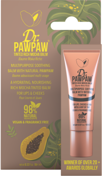Dr. PawPaw Tinted Rich Mocha Balm w brązowym opakowaniu i tubce, widok z przodu, balsam do ust i policzków, 98% naturalny.