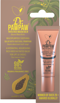 Dr. PawPaw Tinted Rich Mocha Balm w brązowym opakowaniu i tubce, widok z przodu, balsam do ust i policzków, 98% naturalny.
