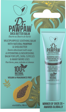Dr. PawPaw Shea Butter Balm: tealowe pudełko i tubka 10ml z papają, 100% naturalny balsam do ust, skóry, paznokci.