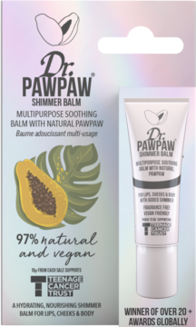 Dr. PawPaw Shimmer Balm w białym pudełku z papają i tubką, wielozadaniowy, wegański balsam do ust i ciała.