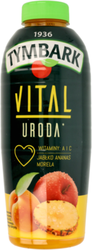 Tymbark Vital Uroda napój wieloowocowy jabłko, ananas, morela, witaminy A+C, butelka, widok przód.