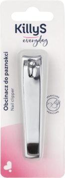 Metalowy obcinacz do paznokci KillyS everyday w blistrze, białe opakowanie z różowym tłem, widok z przodu.