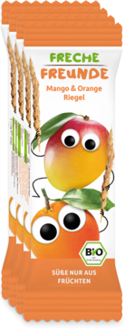 Cztery organiczne batony owocowe Freche Freunde Mango & Orange, biało-pomarańczowe opakowania z wesołymi owocami, widok z przodu.
