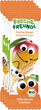 4x baton BIO Mango & Pomarańcza z Freche Freunde, pomarańczowe opakowanie z wesołymi owocami, widok z przodu.