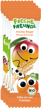 Cztery BIO batony Freche Freunde Mango & Orange, pomarańczowo-białe opakowania z uśmiechniętymi owocami i ziarnami.