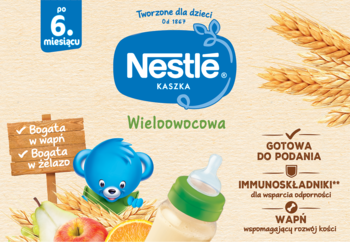 Nestlé Kaszka Wielowocowa do picia, po 6. miesiącu. Opakowanie z misiem, owocami i zbożem.