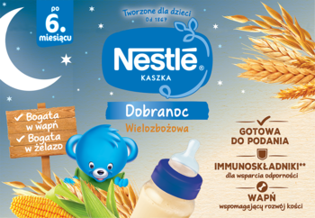 Nestle Kaszka Dobranoc Wielozbożowa, grafika z butelką, misiem, zbożem na tle nocnego nieba.