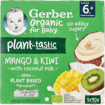 Gerber Organic, Mango & Kiwi, 100% roślinny deserek dla niemowląt, bez cukru, z mlekiem kokosowym, 4x90g.