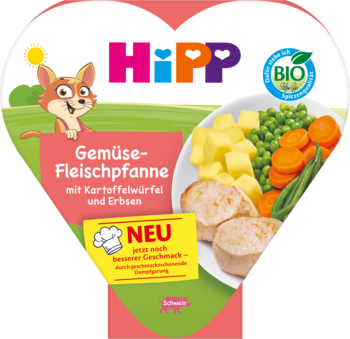 HiPP BIO Jarzynki z ziemniaczkami i delikatnym schabem, posiłek dla dzieci po 1. roku, z żółtym napisem NEU.