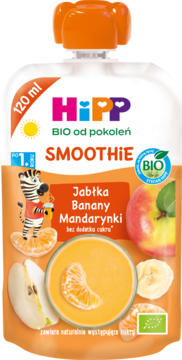 HiPP BIO Smoothie Jabłka-Banany-Mandarynki po 1. roku, 120 ml, pomarańczowo-biała saszetka z owocami i zebrą.