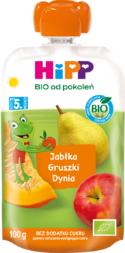 HIPP BIO od pokoleń ,mus owocowo-warzywny w tubce, Jabłka, Gruszki i Dynia, 5m+,przód