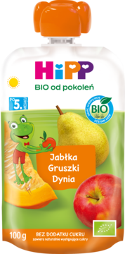 HiPP BIO mus Jabłka Gruszki Dynia 100g, dla dzieci 5m+, bez cukru, w białej saszetce z zieloną etykietą.