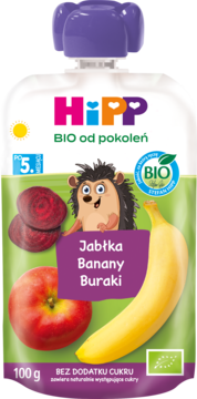 HIPP BIO od pokoleń ,mus owocowo-warzywny w tubce, Jabłka, Banany i Buraki, 5m+,przód