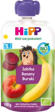 HiPP BIO mus Jabłka Banany Buraki 100g, dla niemowląt po 5m, bez cukru. Na etykiecie jeż, jabłko i banan.