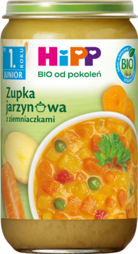 Słoiczek HiPP BIO zupka jarzynowa z ziemniaczkami, etykieta z miseczką warzyw, widok z przodu.