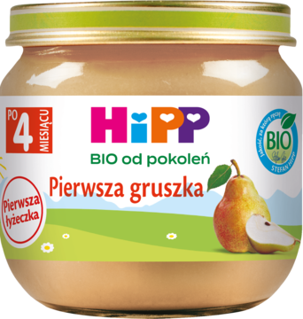 Frontowe ujęcie słoiczka HiPP BIO Przecier Pierwsza gruszka dla niemowląt od 4 miesiąca, z owocem gruszki.