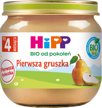 Frontowe ujęcie słoiczka HiPP BIO Przecier Pierwsza gruszka dla niemowląt od 4 miesiąca, z owocem gruszki.
