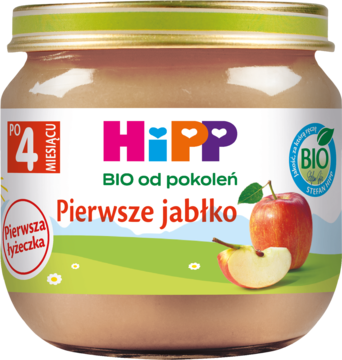 Słoiczek HiPP BIO Pierwsze Jabłko, jednoskładnikowy przecier dla niemowląt po 4 miesiącu, z zieloną nakrętką.