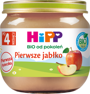 Słoiczek HiPP BIO Pierwsze Jabłko, jednoskładnikowy przecier dla niemowląt po 4 miesiącu, z zieloną nakrętką.