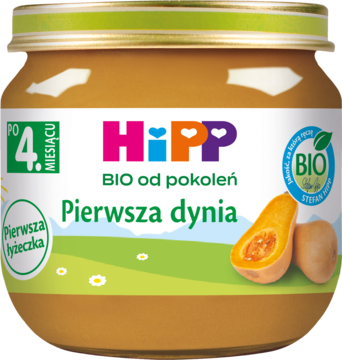 Słoiczek HiPP Pierwsza dynia BIO dla niemowląt po 4 miesiącu, szklany, widok z przodu, z ilustracją dyni.