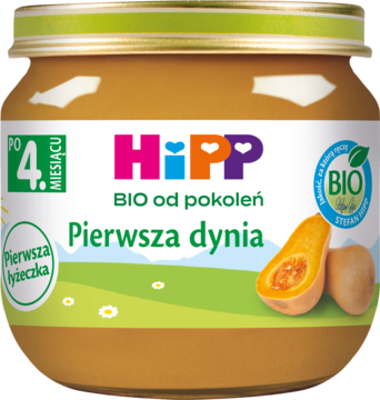 Słoiczek HiPP Pierwsza dynia BIO dla niemowląt po 4 miesiącu, szklany, widok z przodu, z ilustracją dyni.