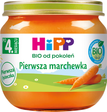 HiPP Pierwsza Marchewka BIO: szklany słoik z pomarańczowym przecierem dla niemowląt od 4 miesiąca, widok przód.