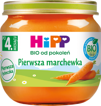 HiPP Pierwsza Marchewka BIO: szklany słoik z pomarańczowym przecierem dla niemowląt od 4 miesiąca, widok przód.