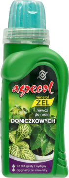 Zielony nawóz żelowy Agrecol Mineral Żel do roślin doniczkowych, butelka z niebieską nakrętką, widok z przodu.
