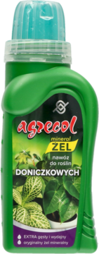 Zielony nawóz żelowy Agrecol Mineral Żel do roślin doniczkowych, butelka z niebieską nakrętką, widok z przodu.