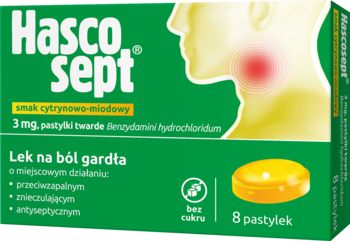 Zielone pudełko Hascosept z rysunkiem gardła i 8 żółtych pastylek cytrynowo-miodowych na ból gardła.