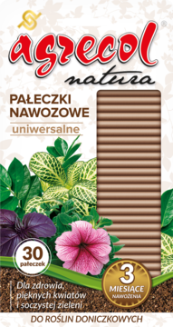 Agrecol Natura, 30 pałeczek nawozowych uniwersalnych do roślin doniczkowych, białe opakowanie z grafiką roślin.
