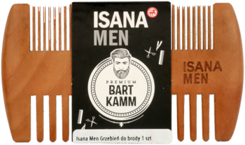 Jasnobrązowy drewniany grzebień Isana Men do brody, dwustronny, z zębami różnej grubości, na czarnym opakowaniu.