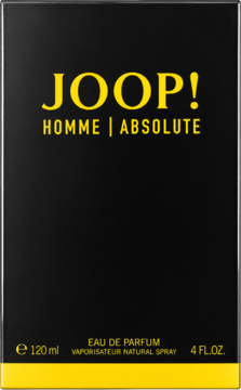 Czarne opakowanie wody perfumowanej Joop! Homme Absolute o orientalnym zapachu, ze złotymi napisami, widok z przodu.
