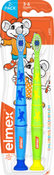 Zestaw 2 szczoteczek Elmex Kids 3-6 lat, niebieska i zielona z małpkami, w blistrze na tle myszek.
