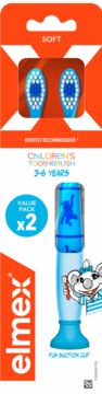 elmex Children's Toothbrush 3-6 lat, miękka, niebieska, 2 szt., z przyssawką, w opakowaniu, przód.
