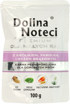 Białe opakowanie karmy Dolina Noteci Premium dla małych ras z królikiem, fasolką i ryżem, widok z przodu.