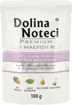 Karma Dolina Noteci Premium dla małych ras z królikiem, fasolką i ryżem, w białej saszetce 100g, widok z przodu.