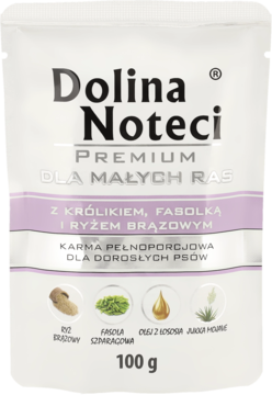 Karma Dolina Noteci Premium dla małych ras z królikiem, fasolką i ryżem, w białej saszetce 100g, widok z przodu.