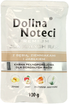 Dolina Noteci Premium karma dla małych ras, z gęsią, ziemniakami i jabłkiem, srebrna saszetka 100g, widok z przodu.
