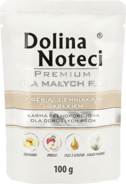 Karma Dolina Noteci Premium dla psów małych ras, z gęsią, ziemniakami i jabłkiem, 100g, biała saszetka.
